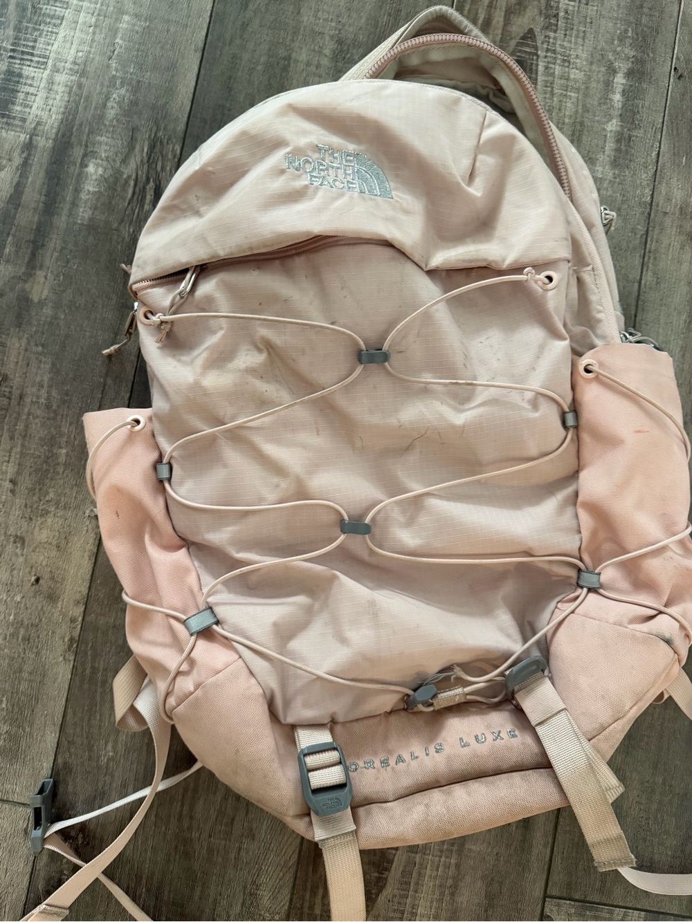 The North Face pink backpack with front bungee